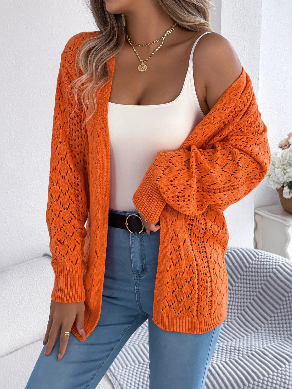 Openwork long sleeve cardigan for women in orange by Trendsi, open-front stretch knit.