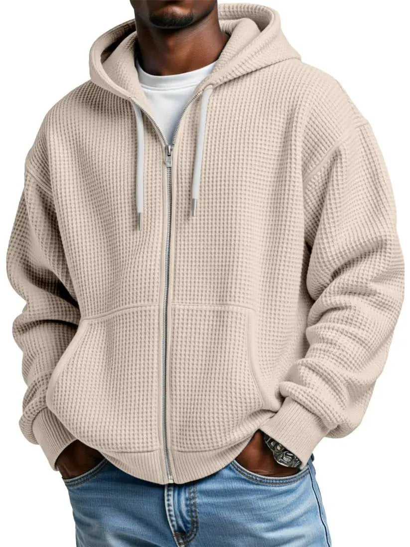 AdTec men's warm zip-up hoodie in beige waffle-knit fabric with kangaroo pockets and ribbed cuffs