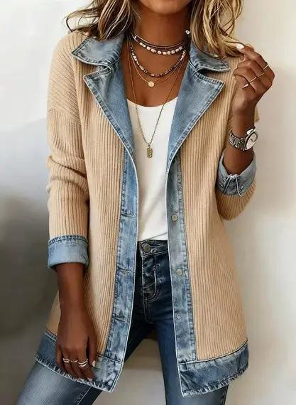 Women's patchwork denim trucker jacket AdTec, beige knit panels with light-wash denim trim over white top