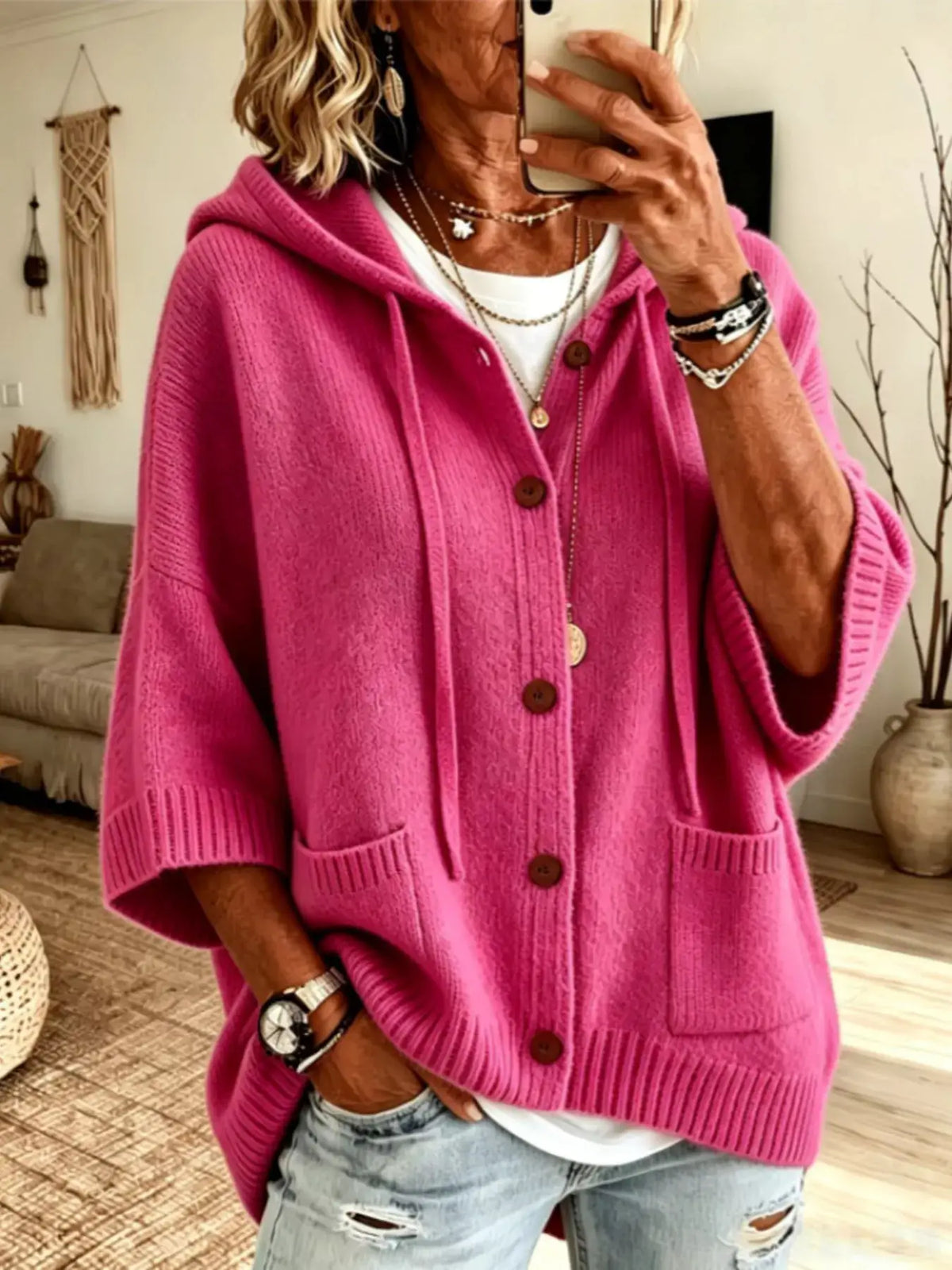 Full-Size Casual Hooded Button-Down Knit Cardigan in bright pink with front pockets and brown buttons