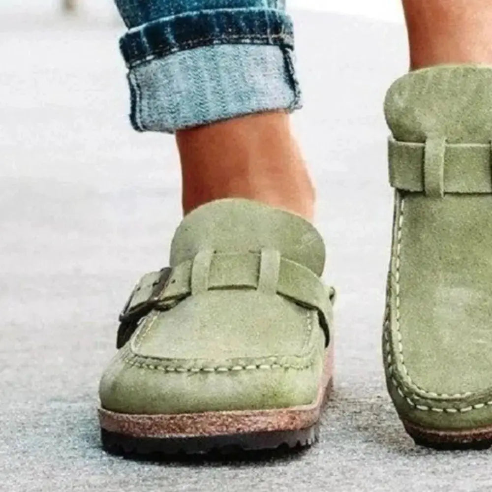 Round Toe Low Heel Buckle Loafers, green suede, Trendsi, pair