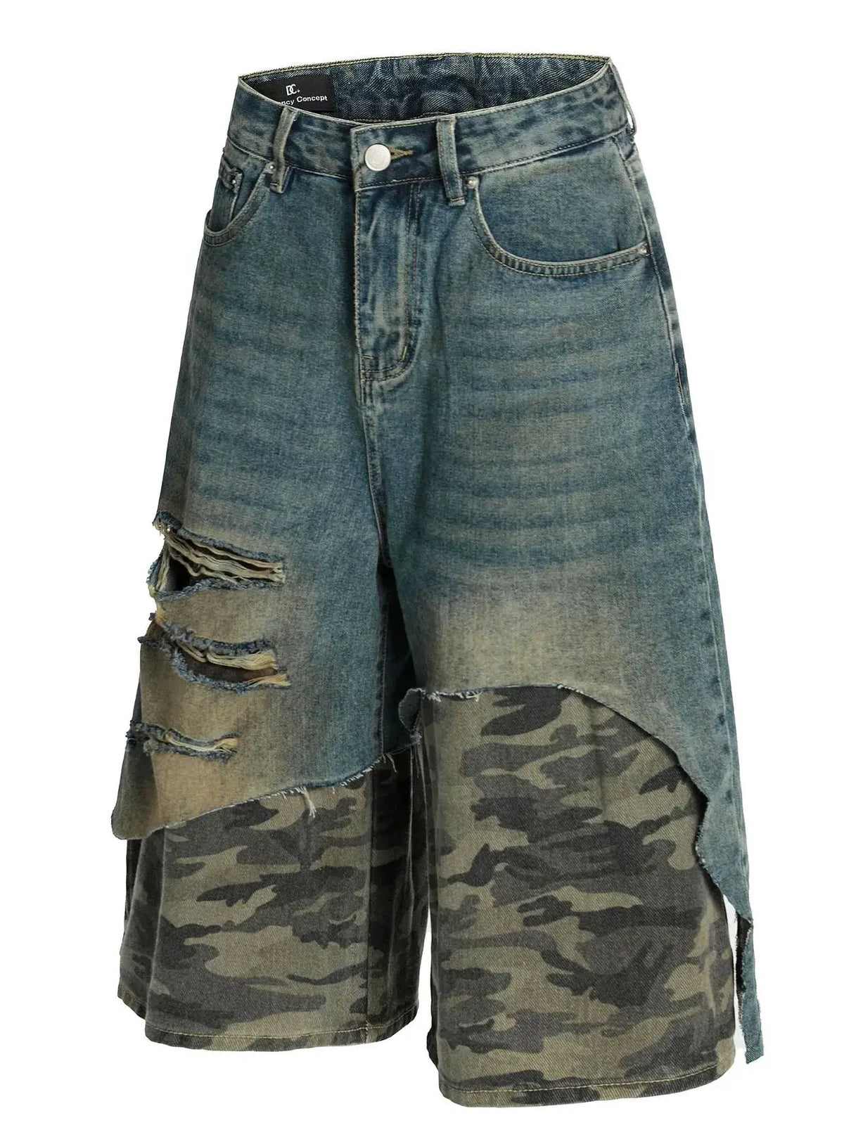 Men's Distressed Camo Patchwork Denim Shorts, relaxed fit by Trendsi