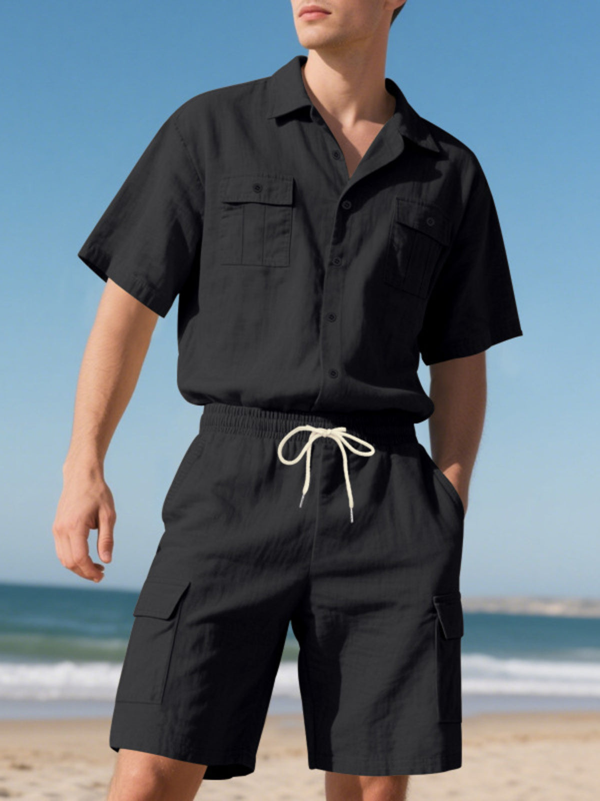 Men's plus-size black button-up shirt with pockets and shorts set; 2-piece with drawstring waist.