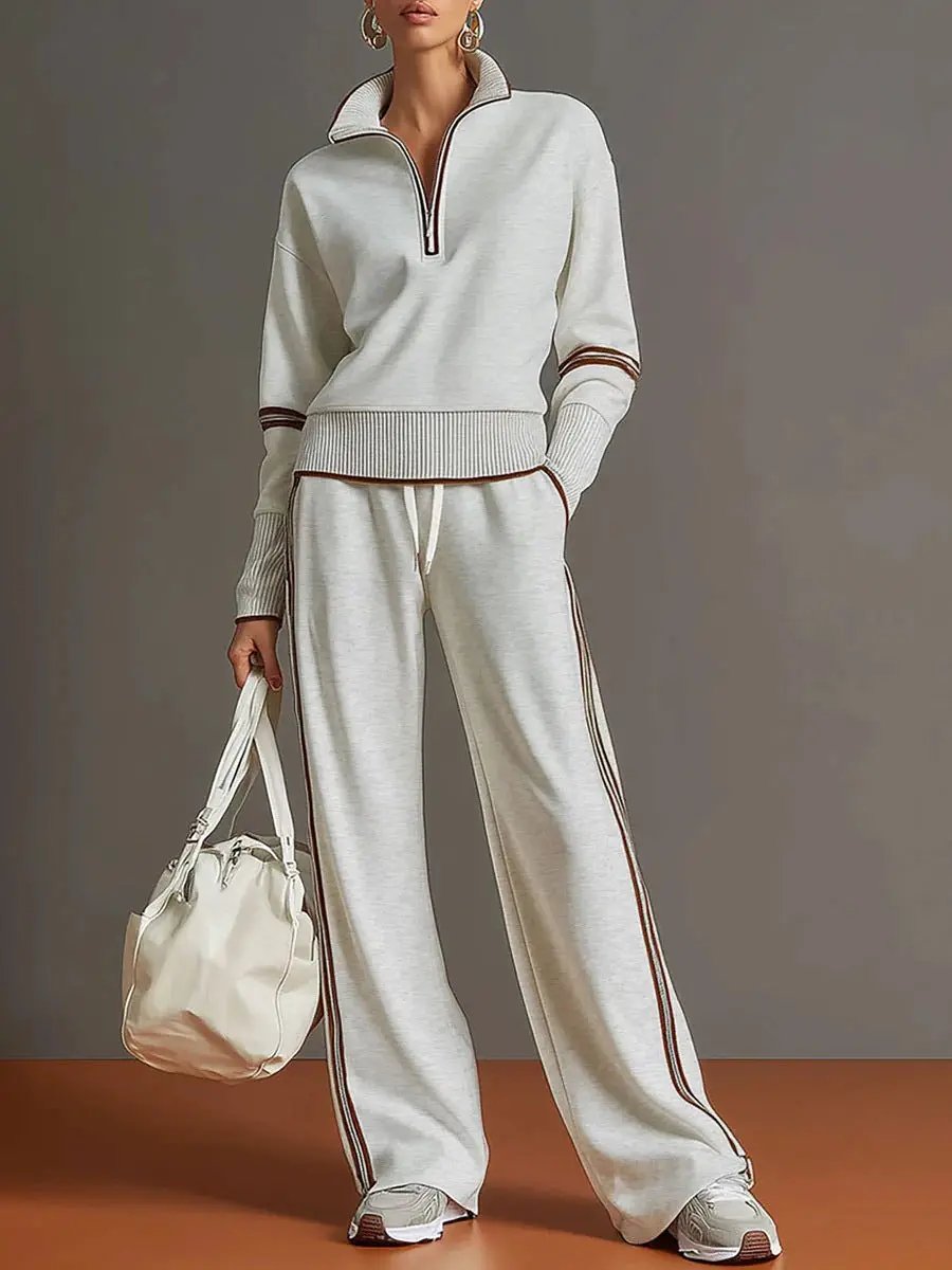 Women active cotton long sleeve two-piece set, cream with brown piping, zip-neck top and wide-leg pants by AdTec