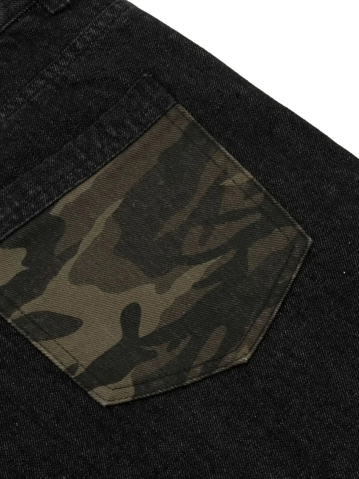 Men's distressed cotton denim Bermuda shorts with camo pocket patch