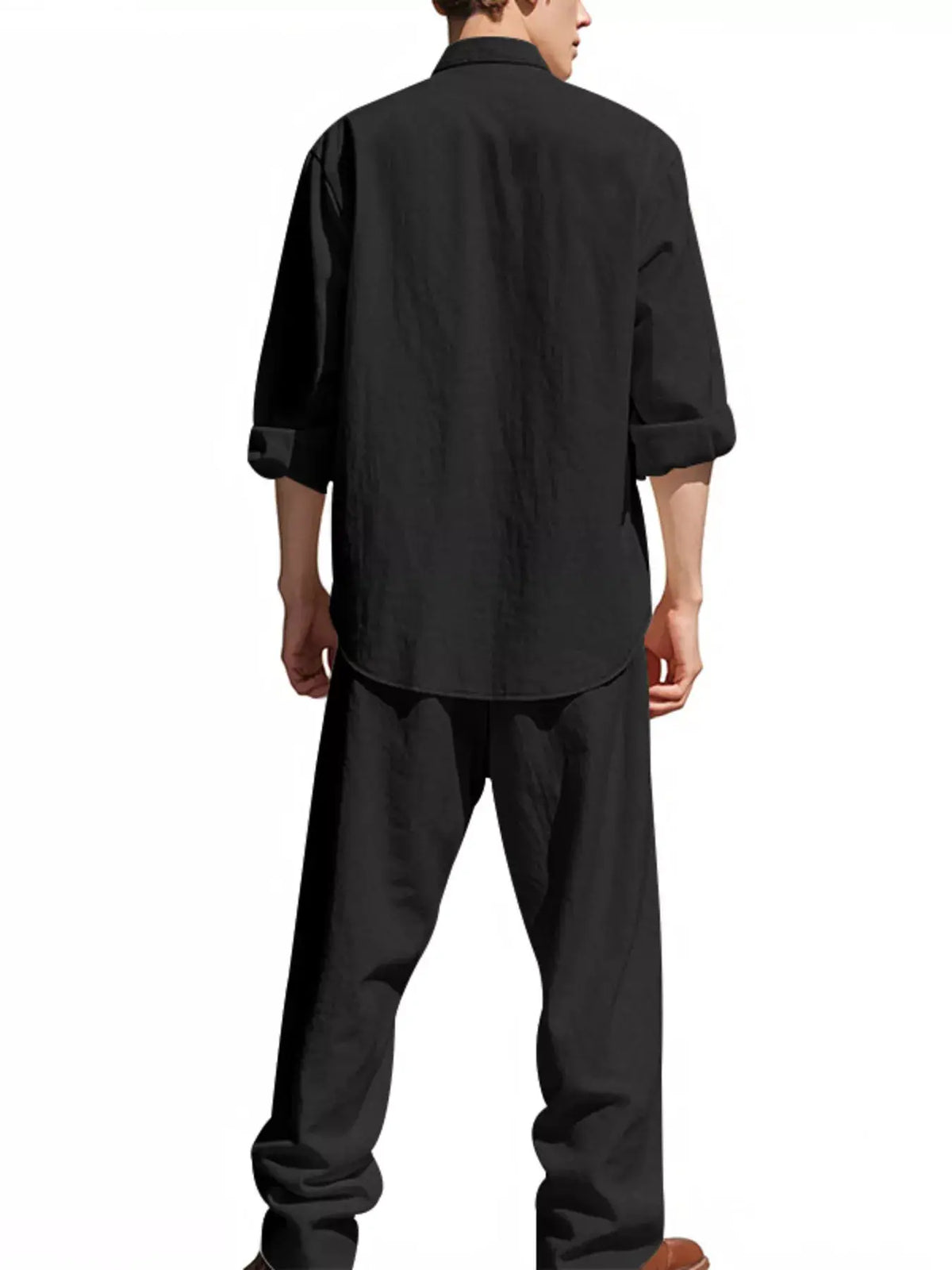 Men's black linen-blend button-front shirt and pants set, 2-piece, back view with rolled sleeves.