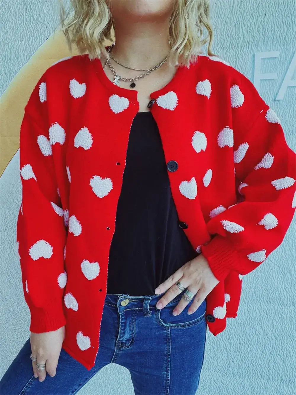 Cozy Heart Button Front Long Sleeve Stretch Knit Cardigan in red with white hearts, by Trendsi