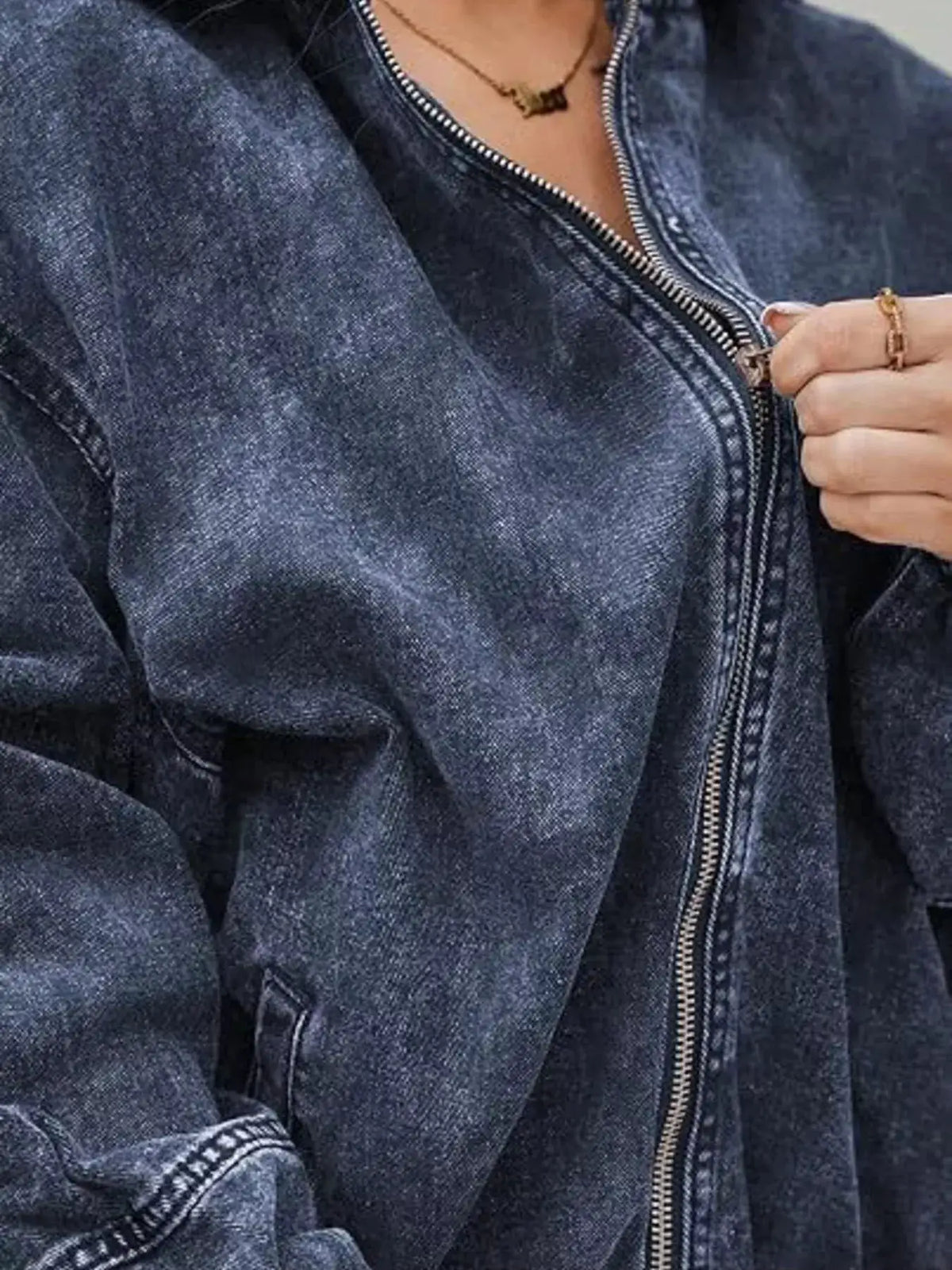 Premium Vintage Washed Zip Up Hooded Oversized Denim Jacket in dark indigo with metal zipper