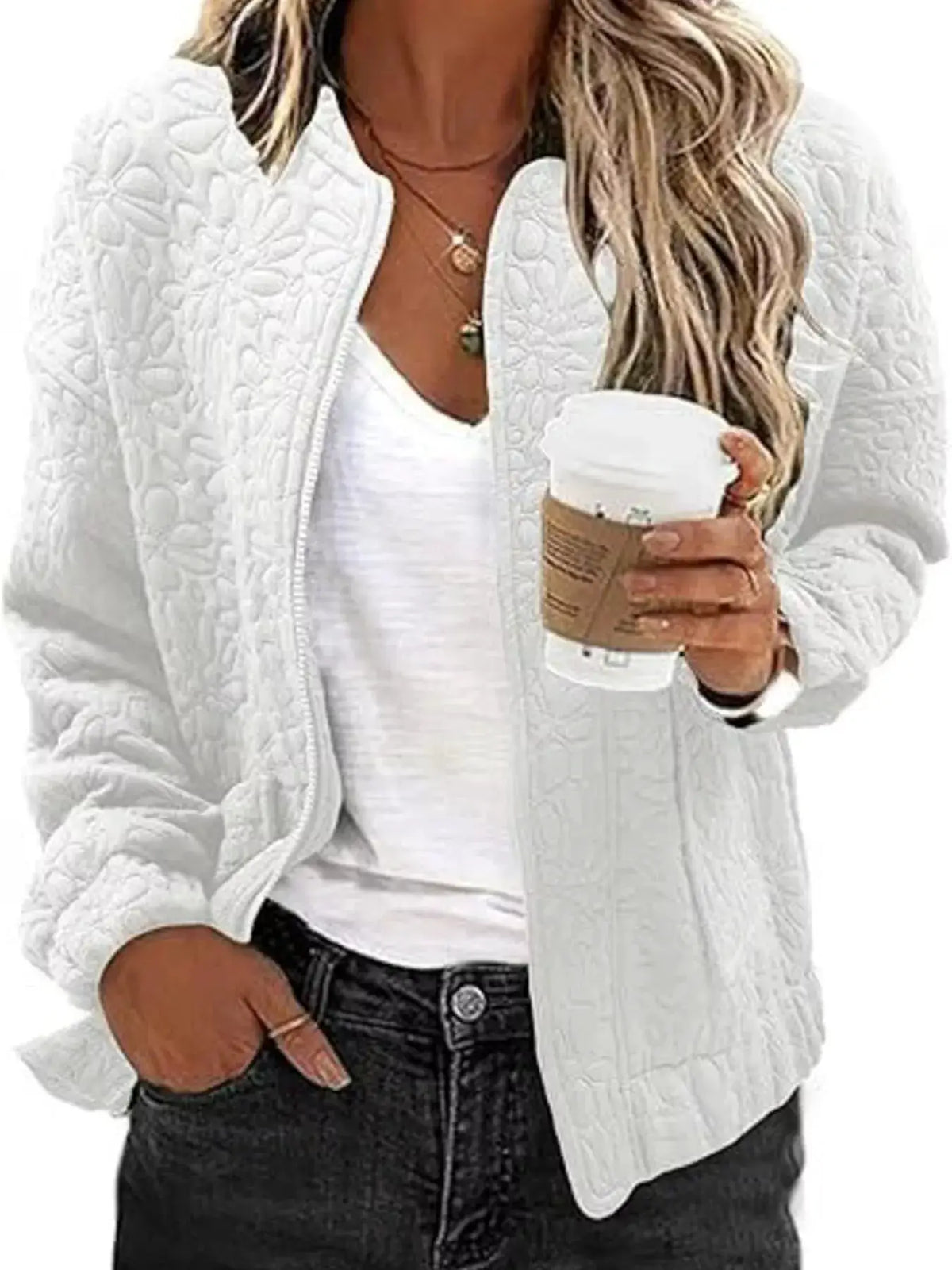 Trendsi premium floral quilted lightweight zip-up jacket for daily wear in white