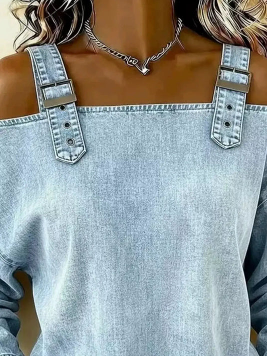 Plus Size Long Sleeve Denim Top with Adjustable Buckle Straps in light blue