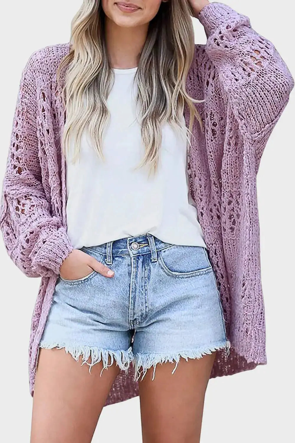 Openwork Open Front Long Sleeve Stretchy Acrylic Cardigan in lavender over white top with light-wash denim shorts