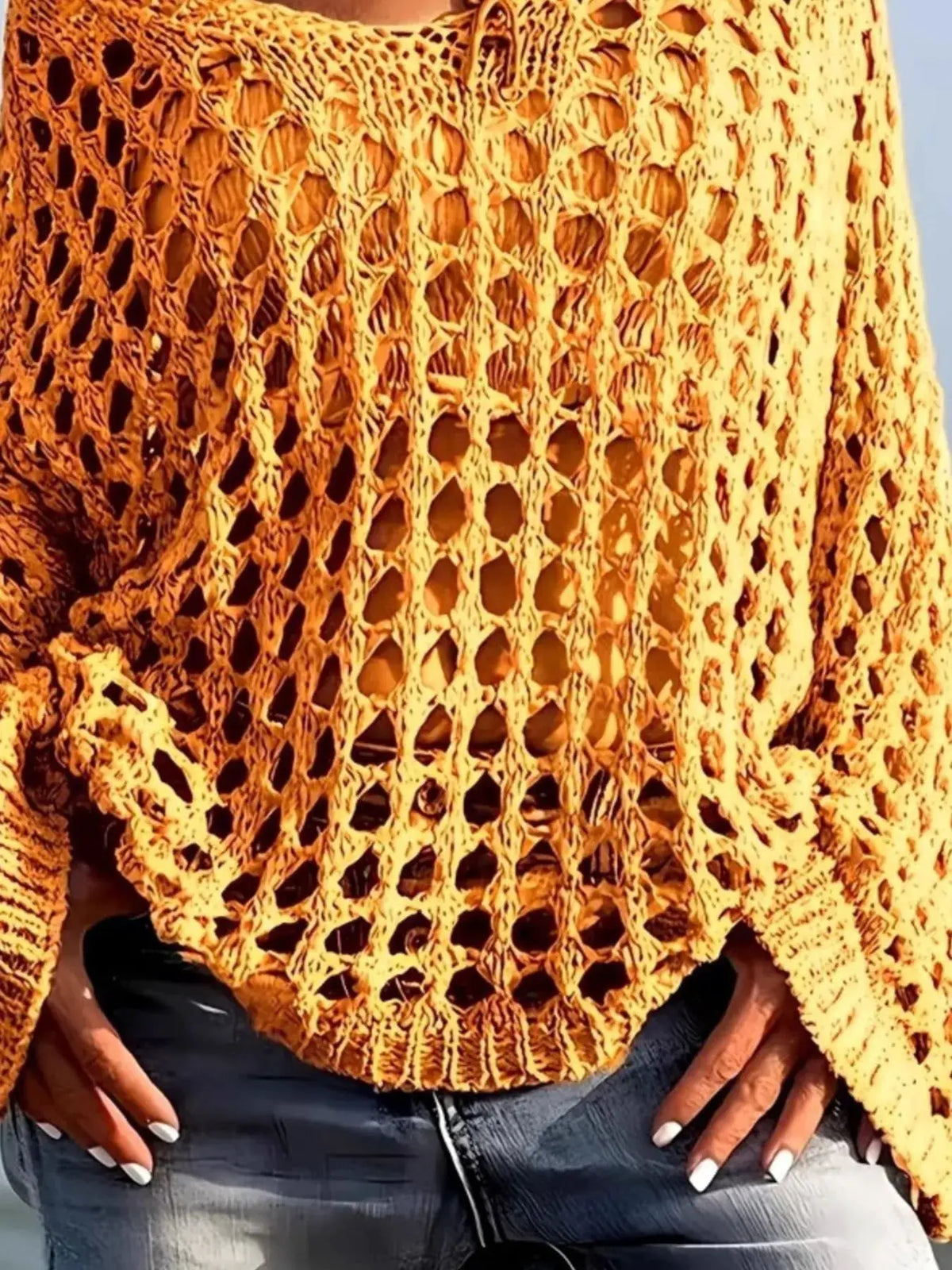 Trendsi lightweight crochet long-sleeve cover-up, oversized orange beach cardigan