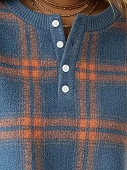 Women’s plus-size long-sleeve plaid button-front sweatshirt in blue and orange with white buttons