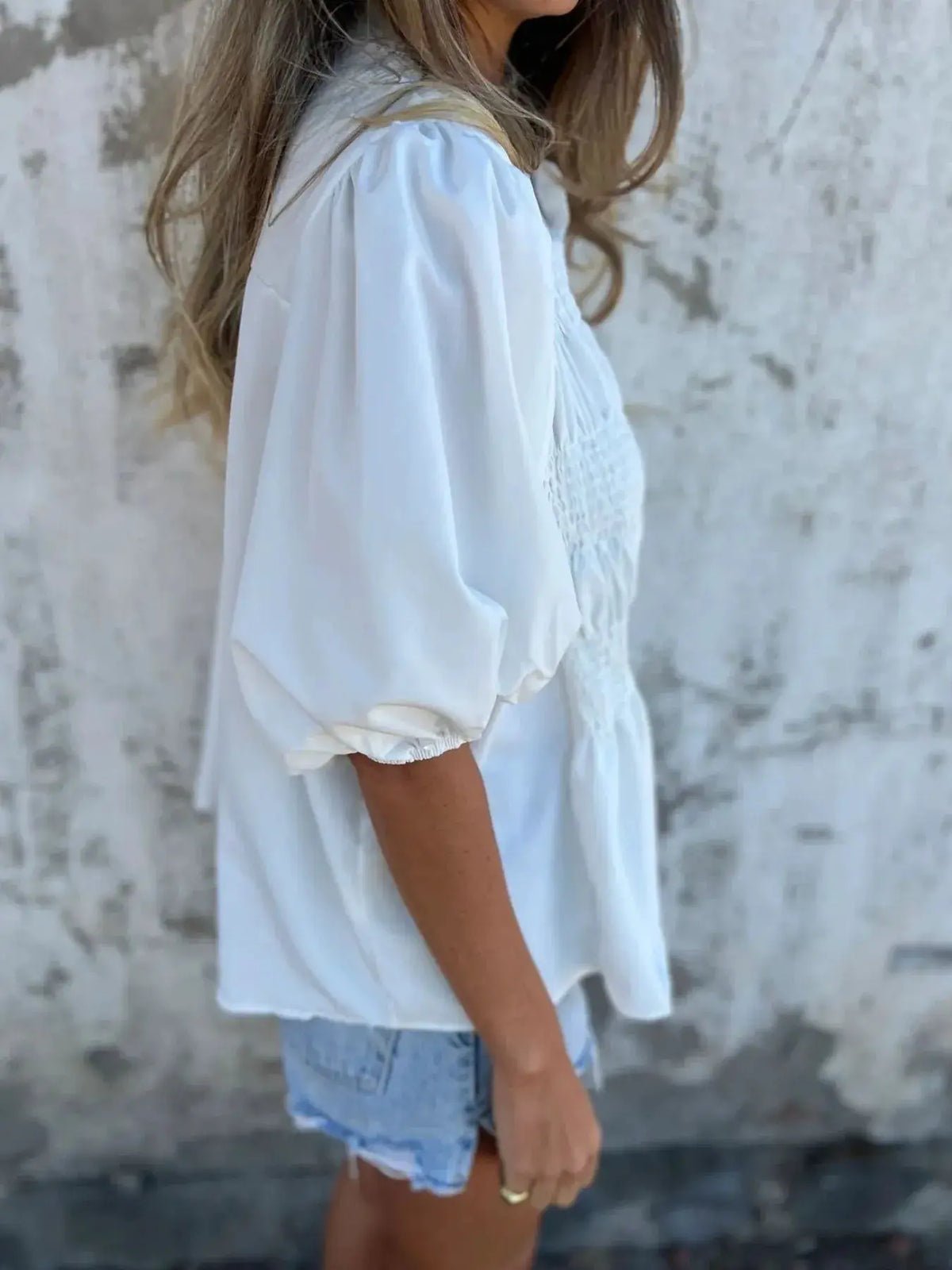 Plus-size smocked puff-sleeve blouse in white by Trendsi