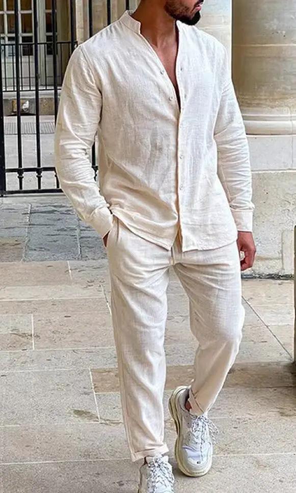 Men's Summer Linen Two-Piece Outfit with Pants, cream linen, lightweight casual clothing