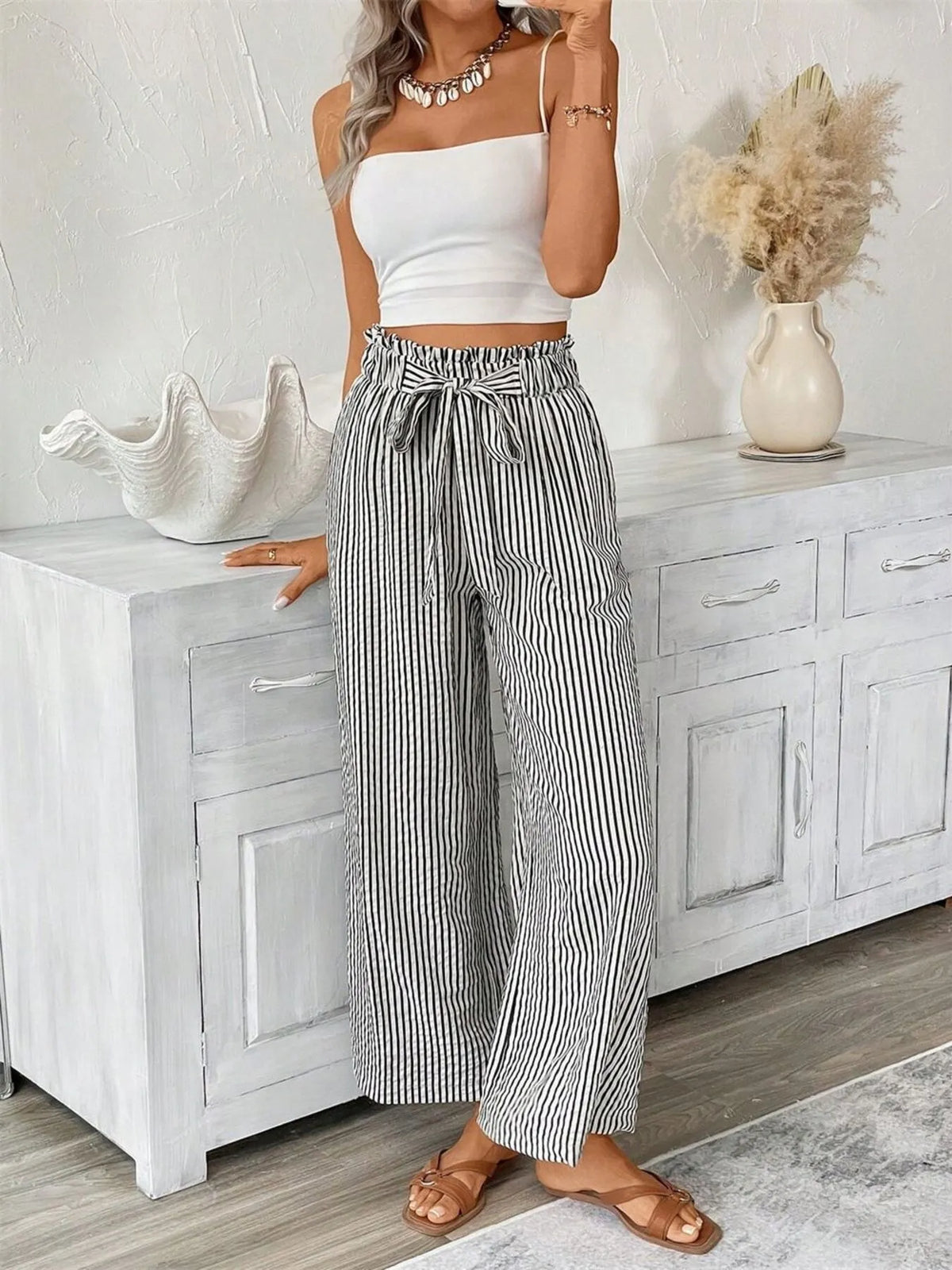 Full-size striped wide-leg paper bag Palazzo pants with pockets and tie waist