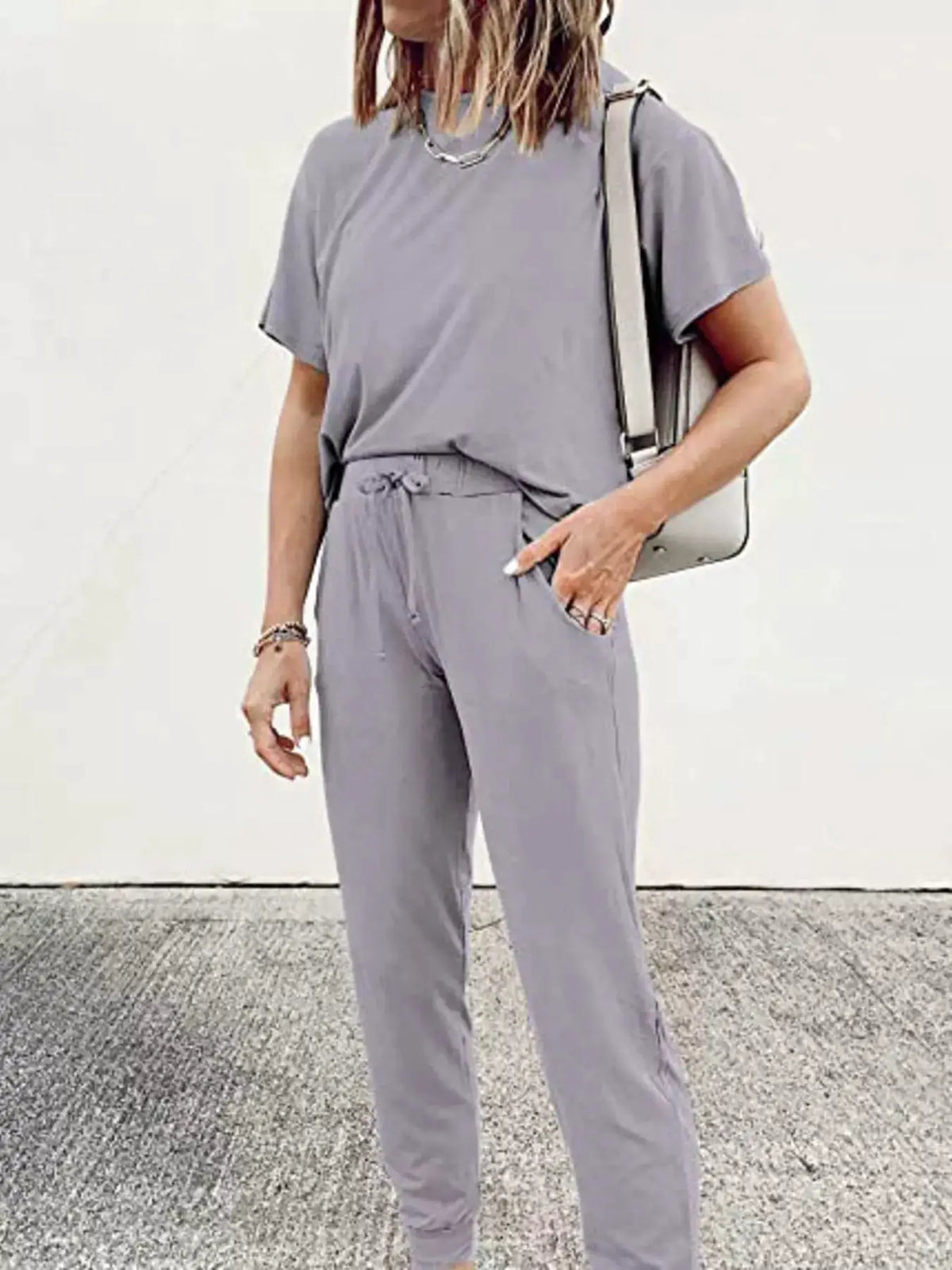 Trendsi full-size round-neck top and drawstring pants set in gray, plus size