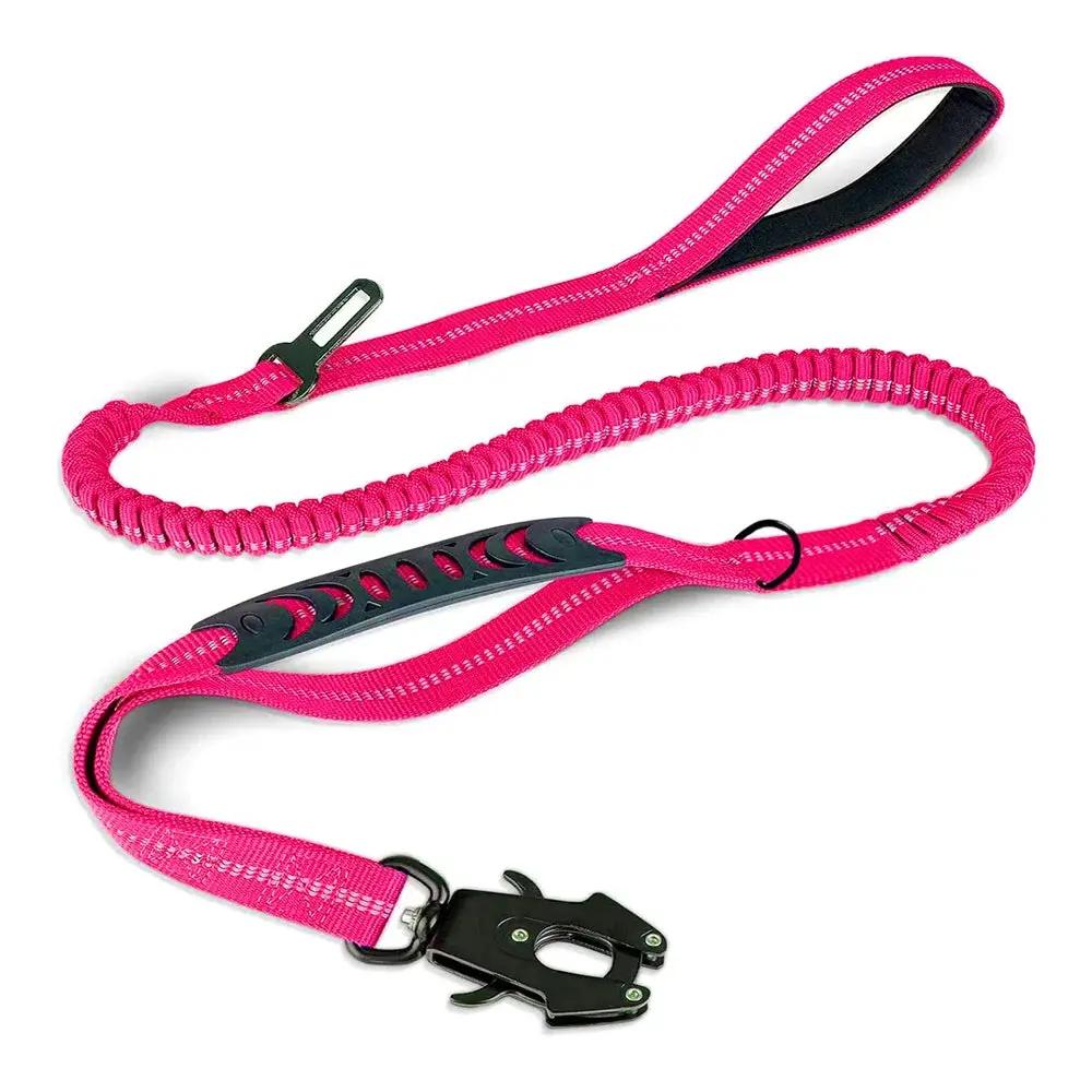 Pink dog leash with frog buckle, tactical paracord wrap, and hand grip for secure, durable control during walks