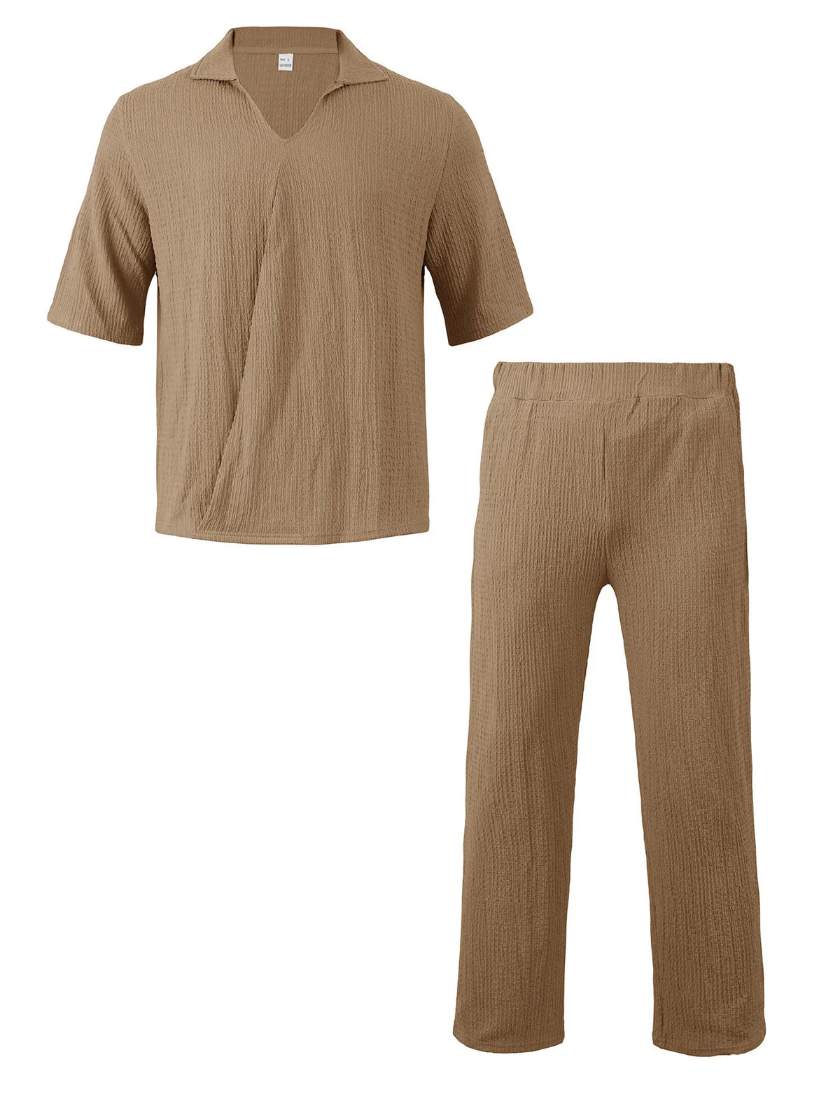 Men's plus-size two-piece short-sleeve top and pants set in camel brown, textured knit fabric with pockets