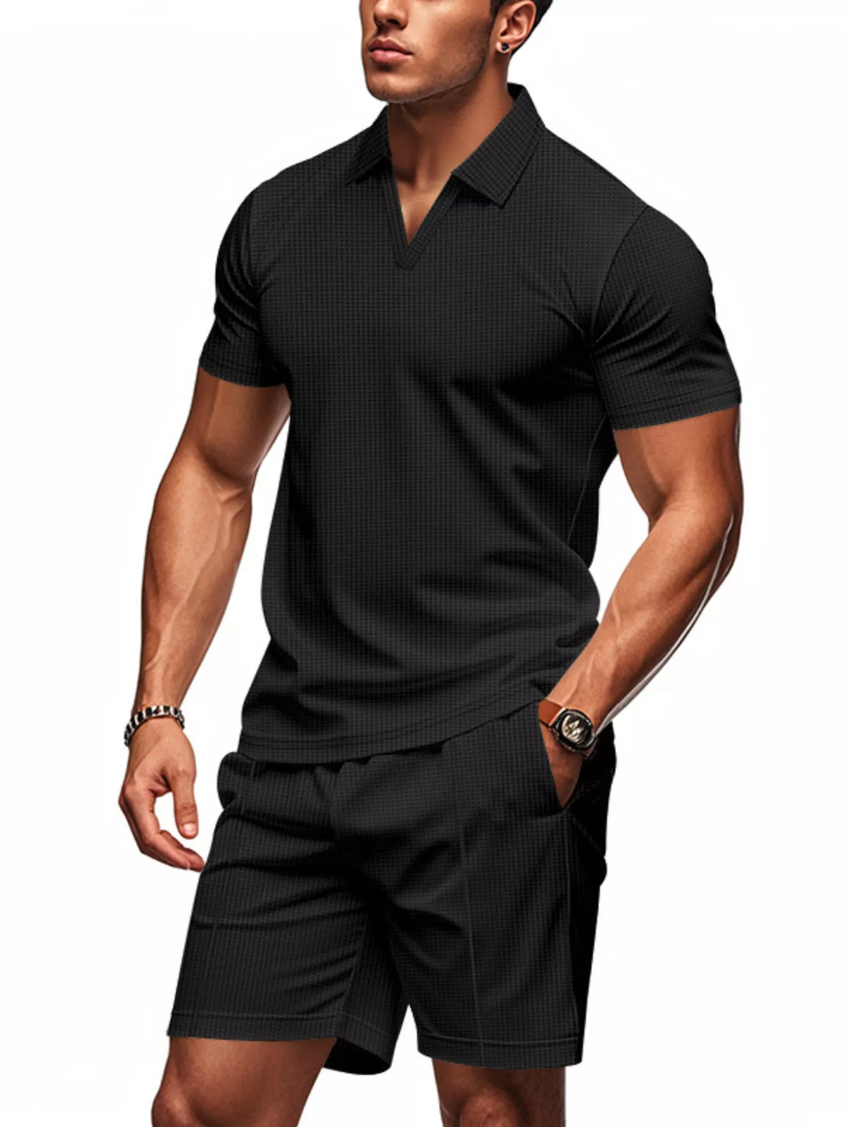 Trendsi men's plus-size textured polo shirt and shorts set in black