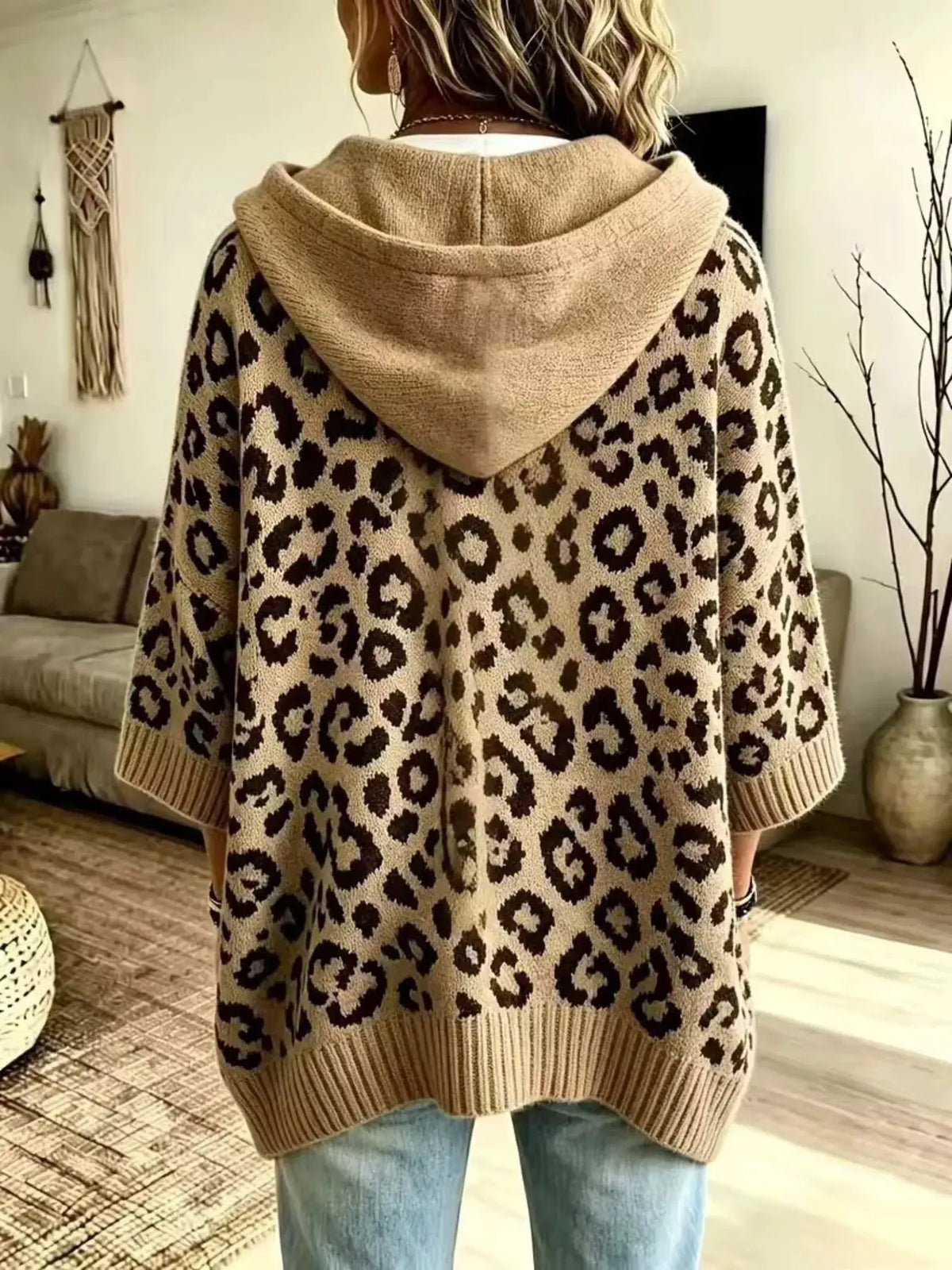Drawstring Leopard Hooded Sweater in tan with brown leopard print, cozy knit.