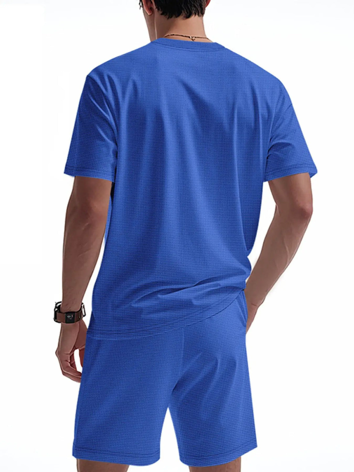 Men's blue two-piece casual tee and pocketed shorts set