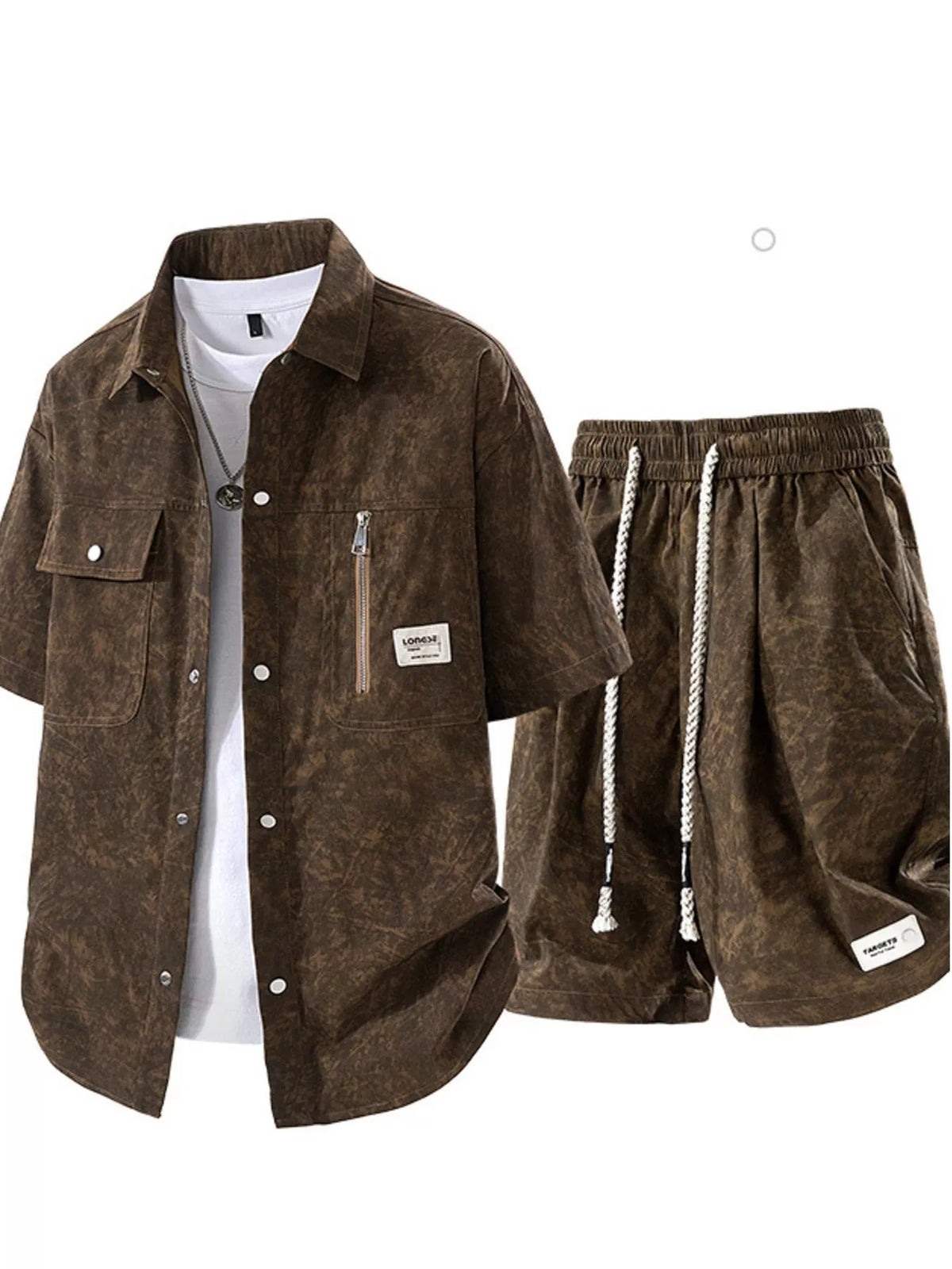 Men's plus-size 2-piece lightweight textured shirt and shorts set in brown by Trendsi, with zip pocket and drawstrings