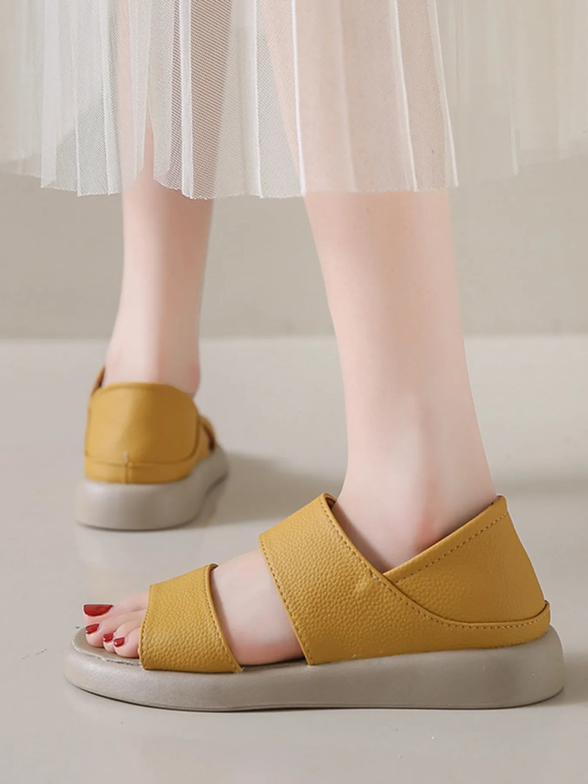 Open Toe Platform Sandals in mustard yellow with textured straps and a thick sole