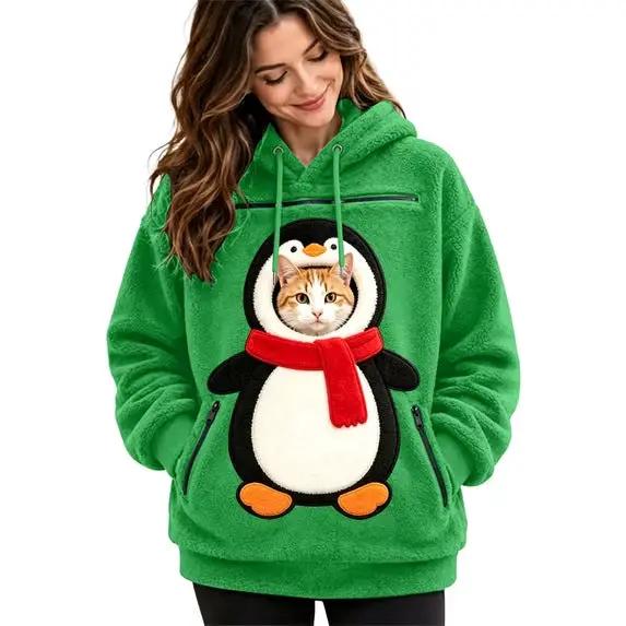 Pet Christmas 3D Printed Hooded Pullover Sweatshirt in green with a large penguin graphic wearing a red scarf
