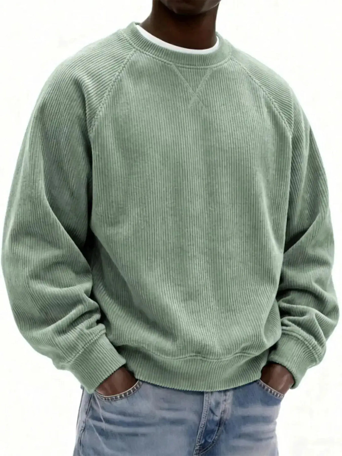 Mens plus-size corduroy crew-neck sweatshirt in sage green stretch cotton by Trendsi