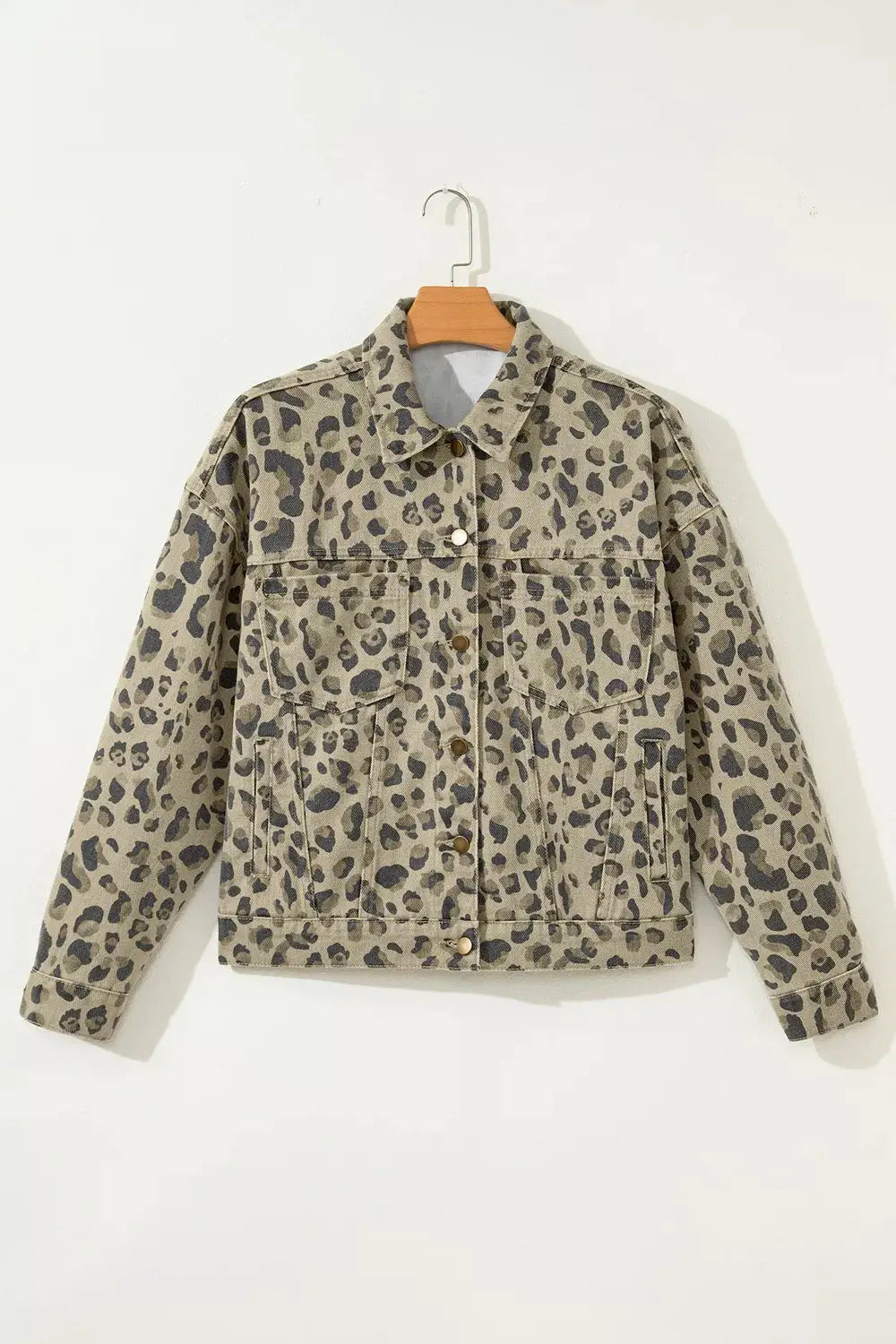 Leopard print denim jacket, button-down, tailored cotton blend in beige with dark brown spots