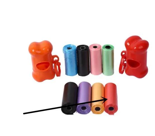 Pet waste bag dispenser set by AdTec with assorted colored poop bag rolls