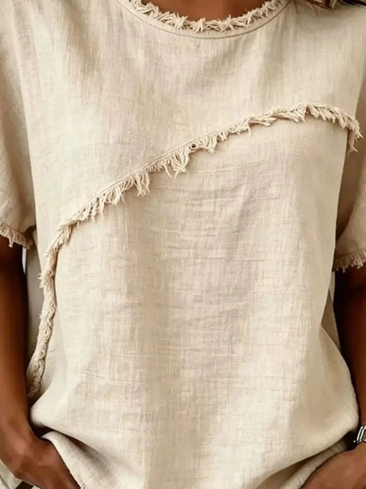 Frayed-hem short sleeve top, plus size, cream linen, Trendsi