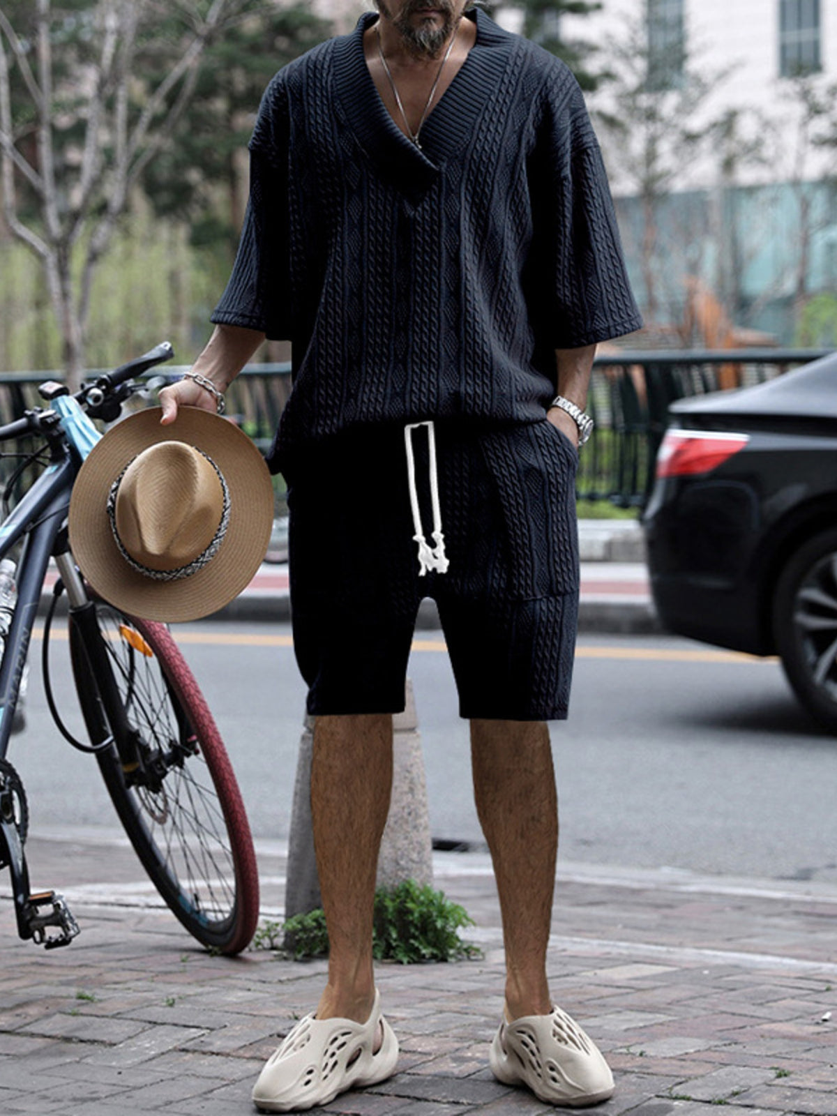 Trendsi men's knit V-neck top and shorts set in black, plus size.