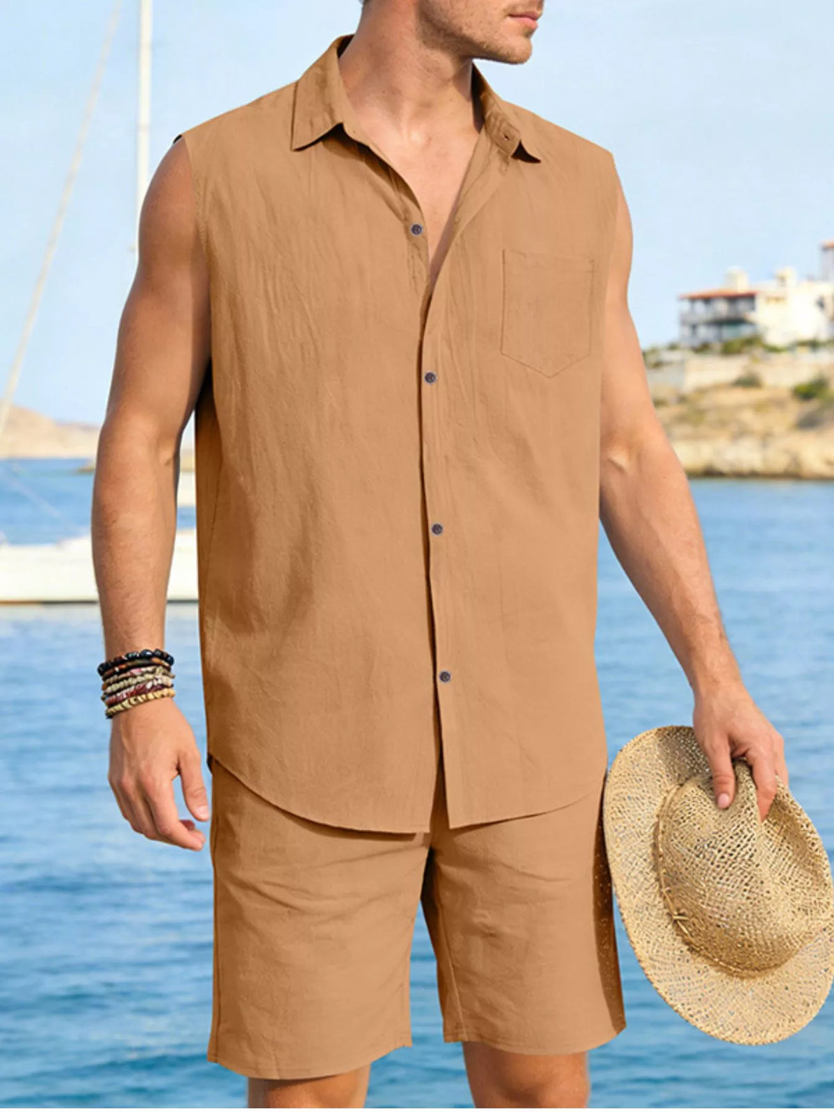 Men's sleeveless button-up top and matching tan shorts set, plus size by Trendsi