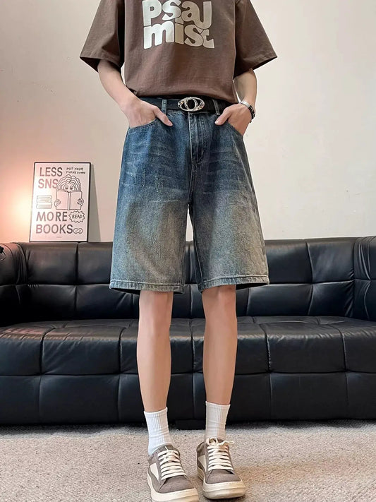 Men's wide-leg denim shorts, washed blue cotton-stretch, plus size