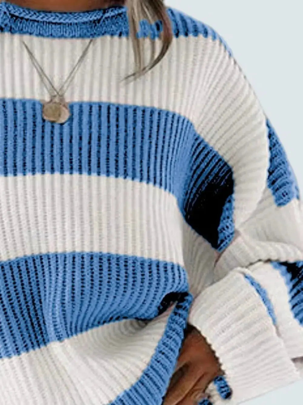 Essential round-neck long-sleeve soft-stretch striped knit sweater in blue and white, oversized fit.