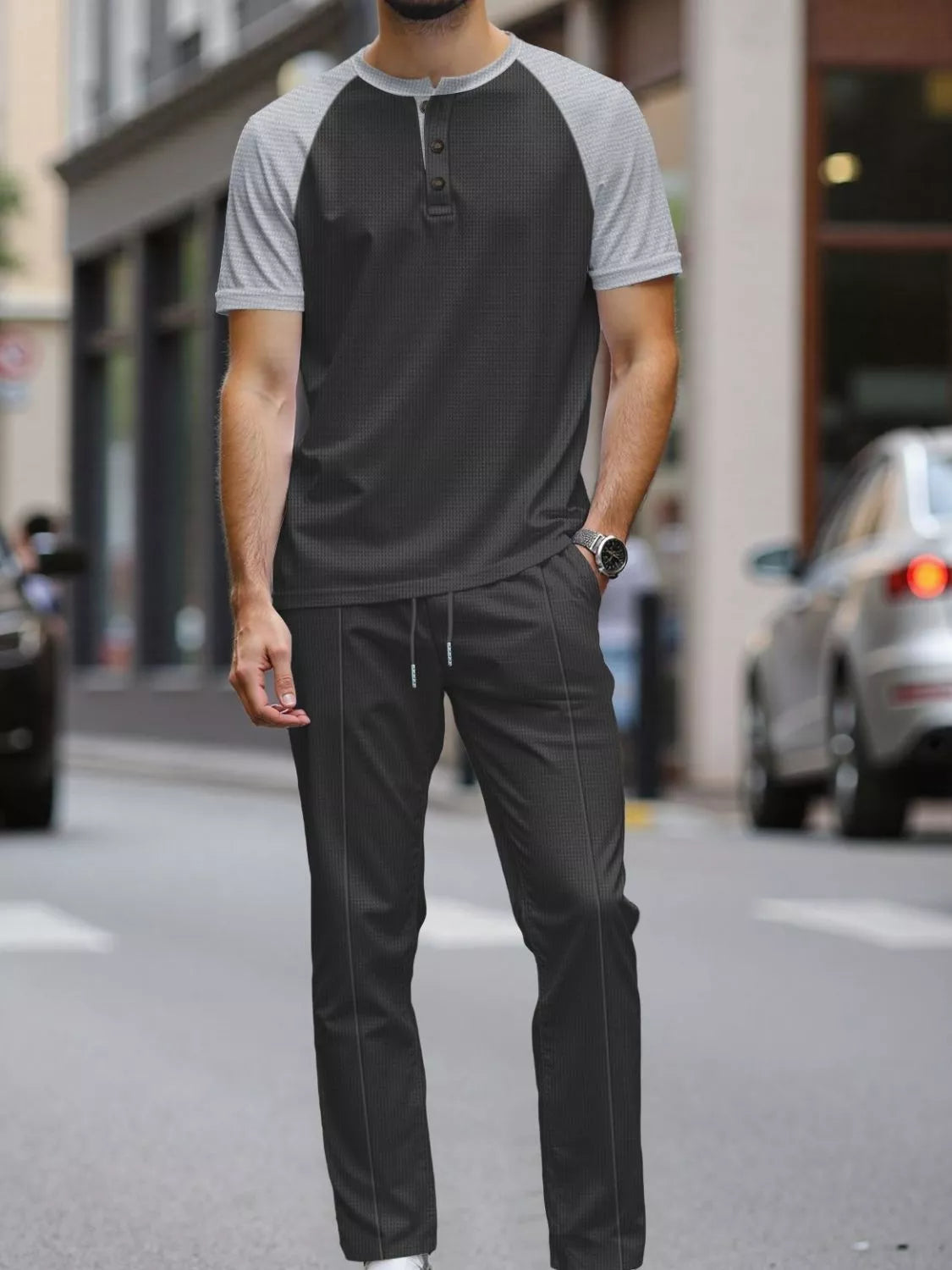 Men's plus-size two-tone raglan tee and jogger pants set; charcoal body, light gray sleeves, drawstring pants