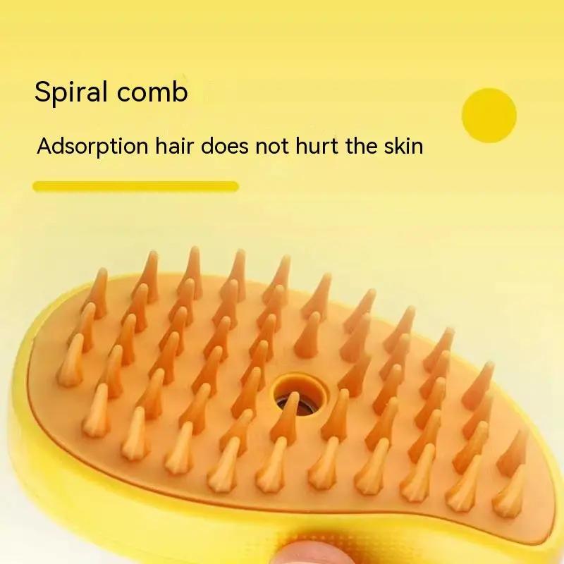 3-in-1 pet grooming brush with yellow oval head and orange bristle spikes