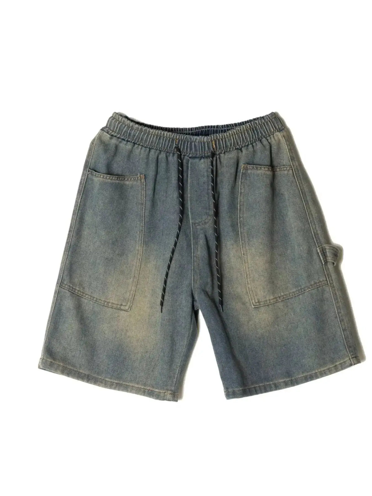 Mens plus-size loose-fit washed denim shorts with stretch; elastic drawstring waist and front pockets