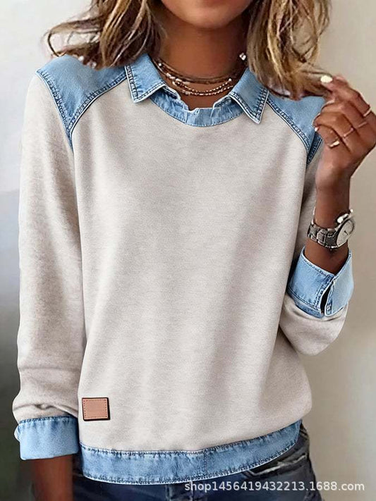 Top de punto patchwork de manga larga con cuello de mezclilla
