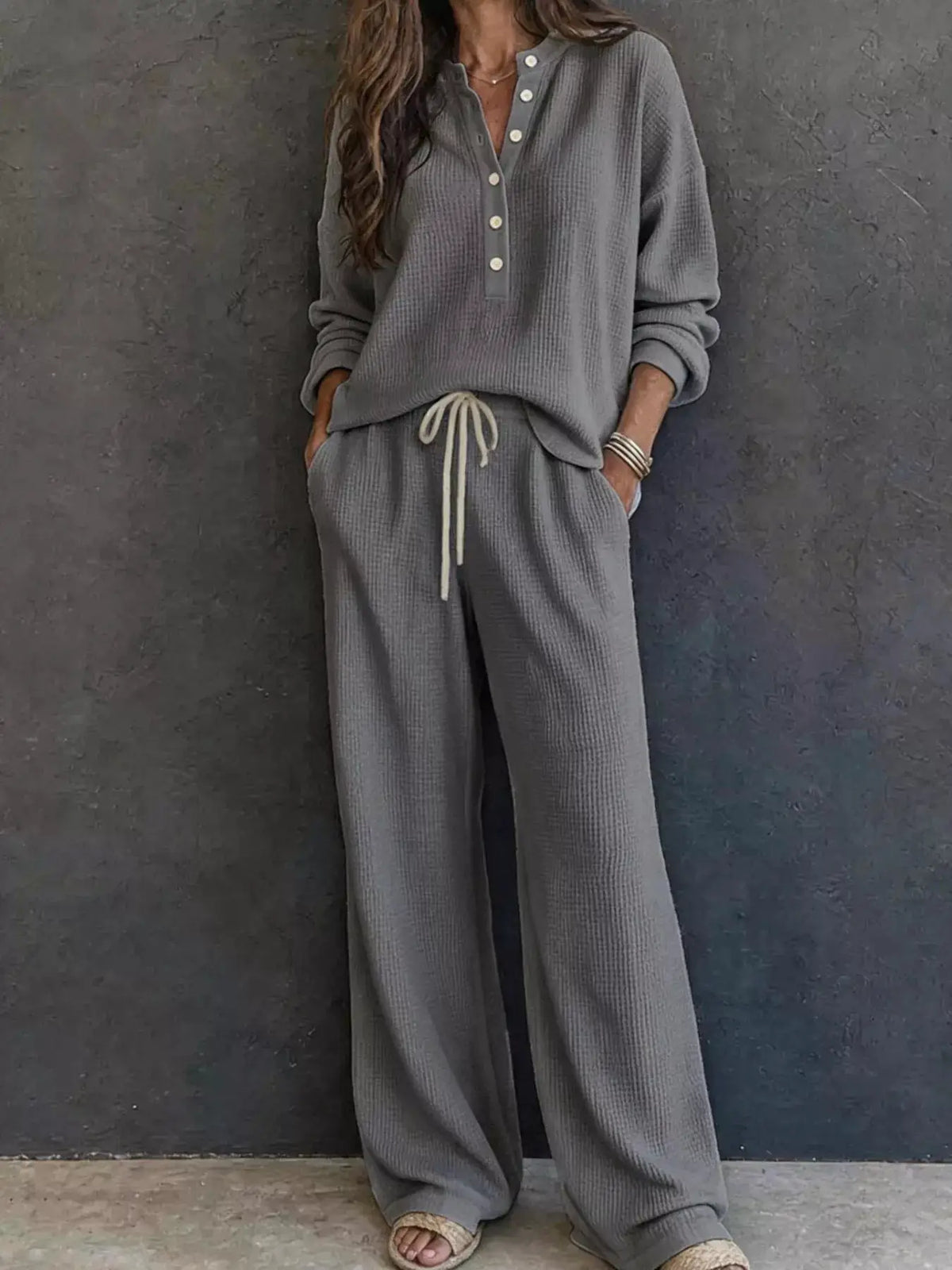 Waffle-knit Henley top and wide-leg pants set in grey with button-placket and drawstring waist