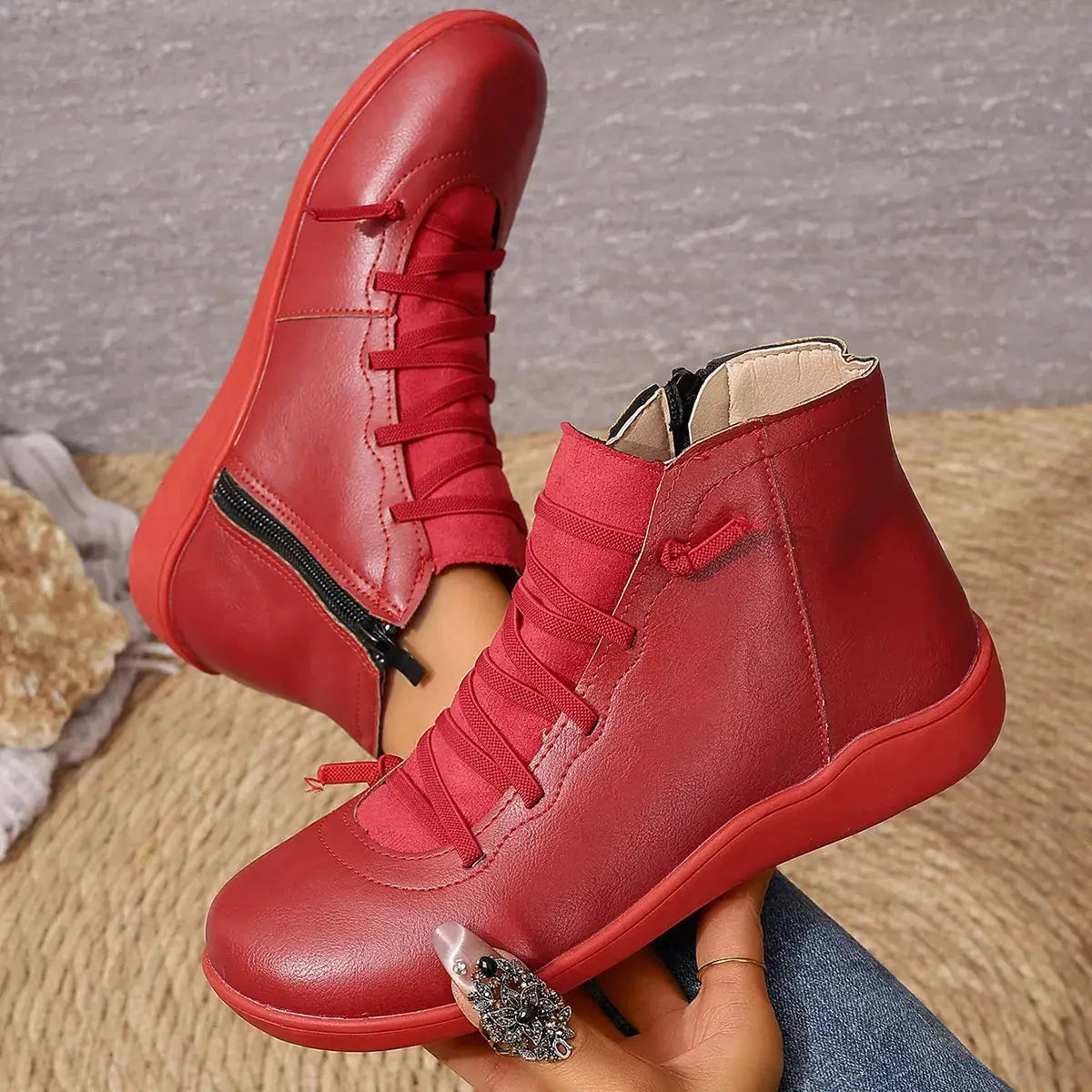Lace-Up Faux Leather Ankle Boots, red pair by Trendsi with side zipper
