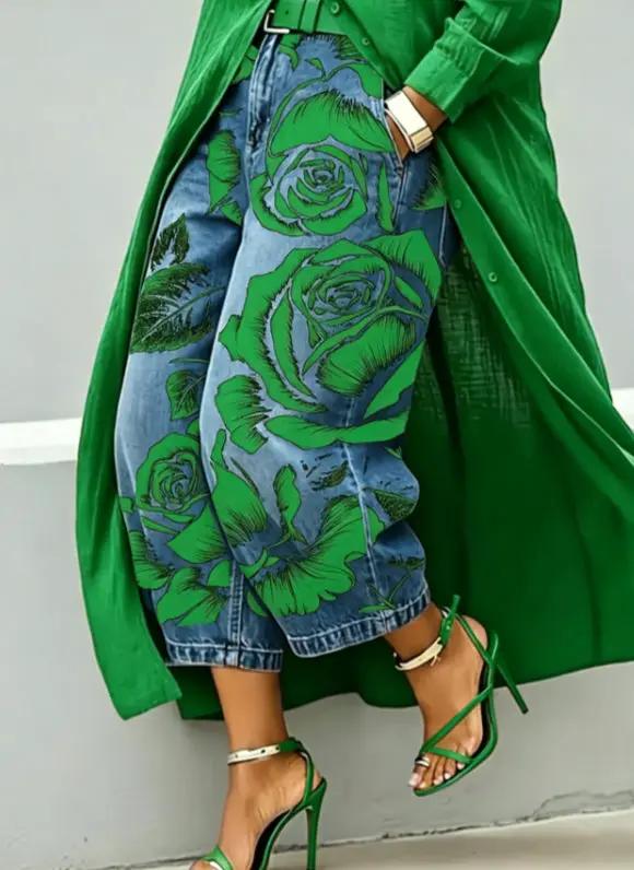 Green wide-leg mid-rise capri jeans with blue denim and green rose print