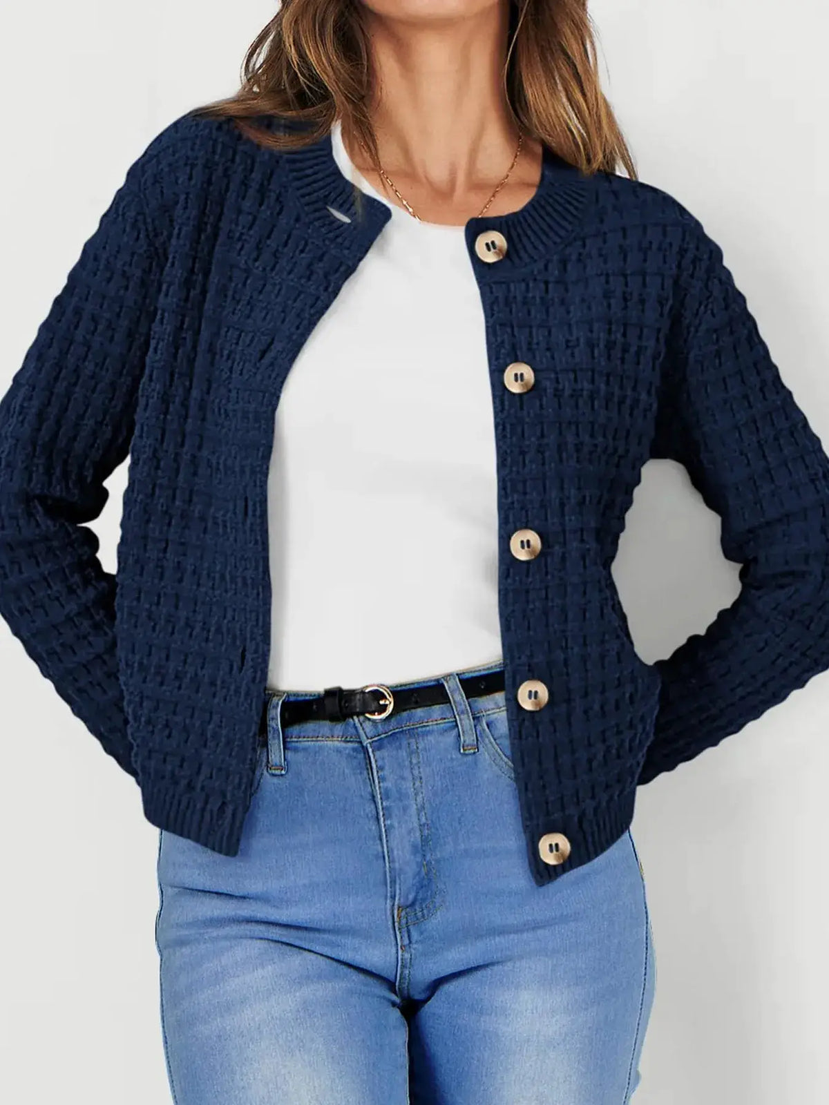 Textured navy knit button-front cardigan with wooden buttons by Trendsi