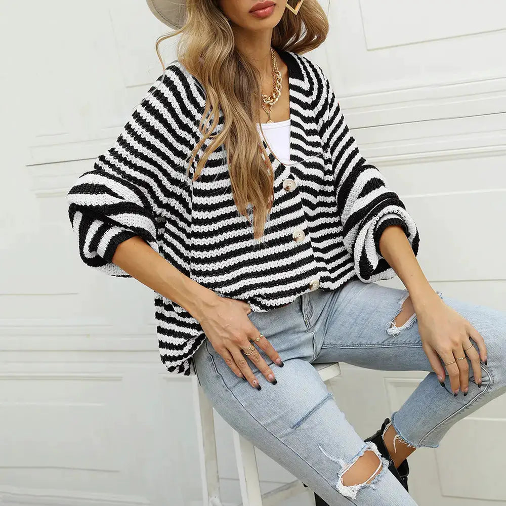 Trendsi Premium Striped Button Front Cardigan, black and white knit, oversized long-sleeve