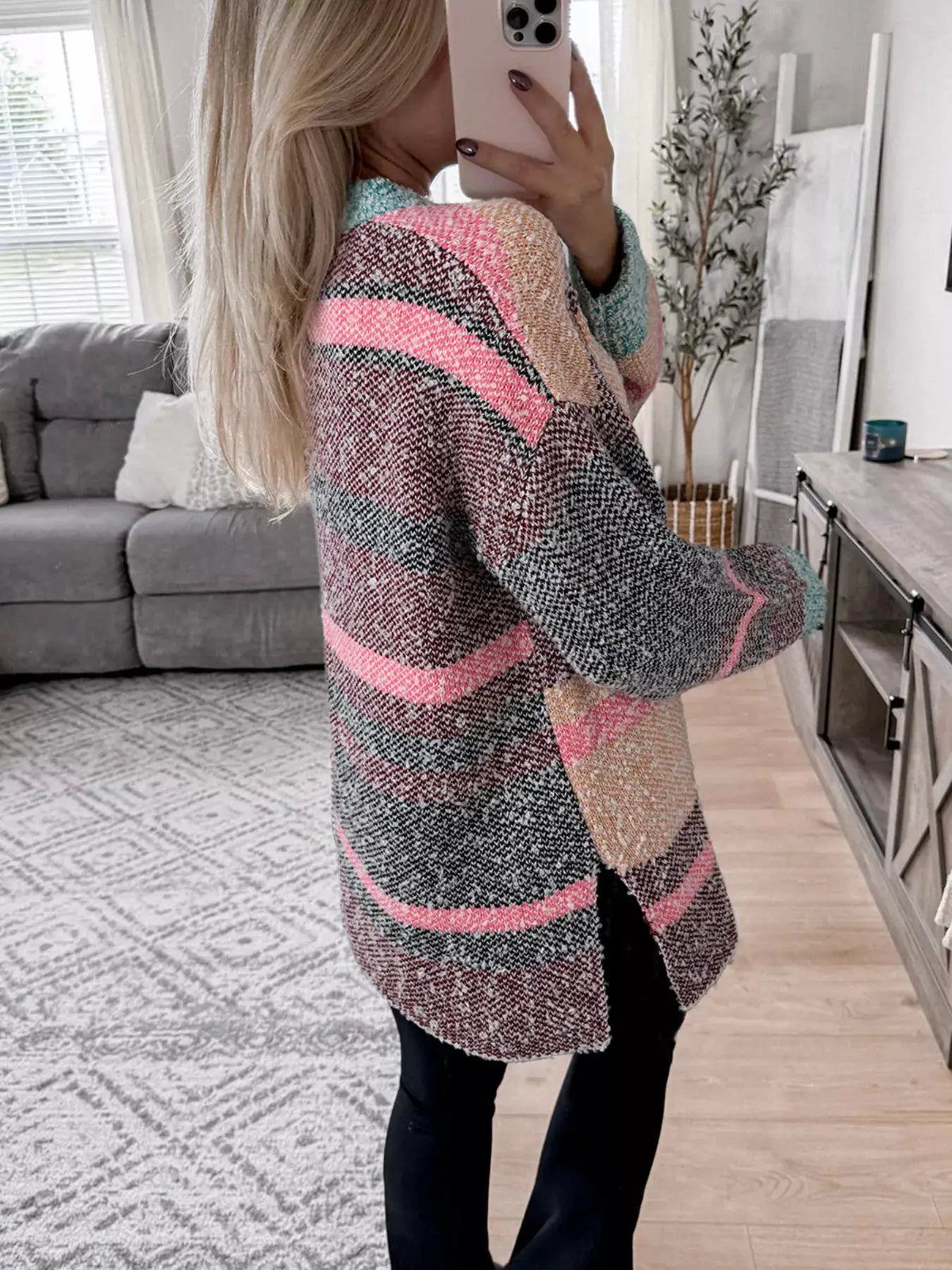 Trendsi multicolor striped cardigan; soft stretch-knit women’s top worn indoors