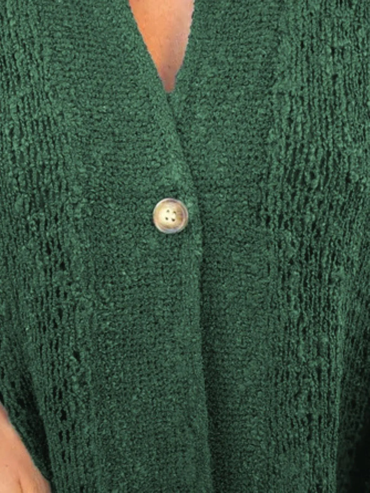 Plus Size One Button Openwork Cardigan in green knit with a single wooden button by Trendsi