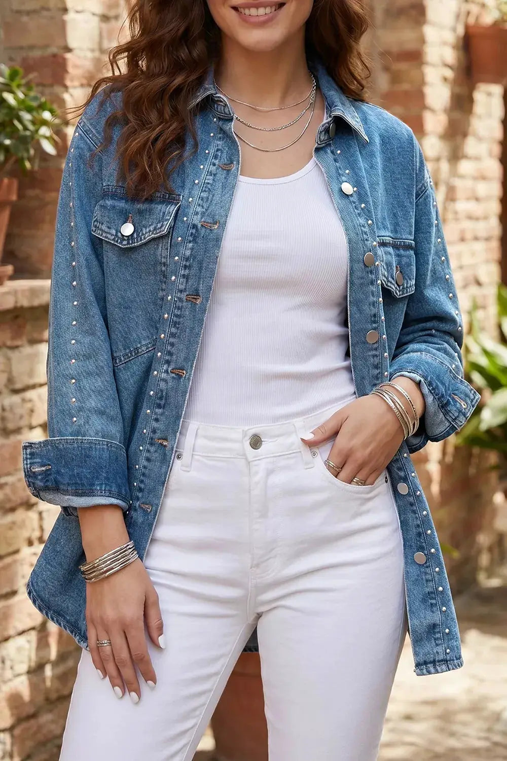 Trendsi blue rivet-studded Western denim jacket, long sleeve, regular fit