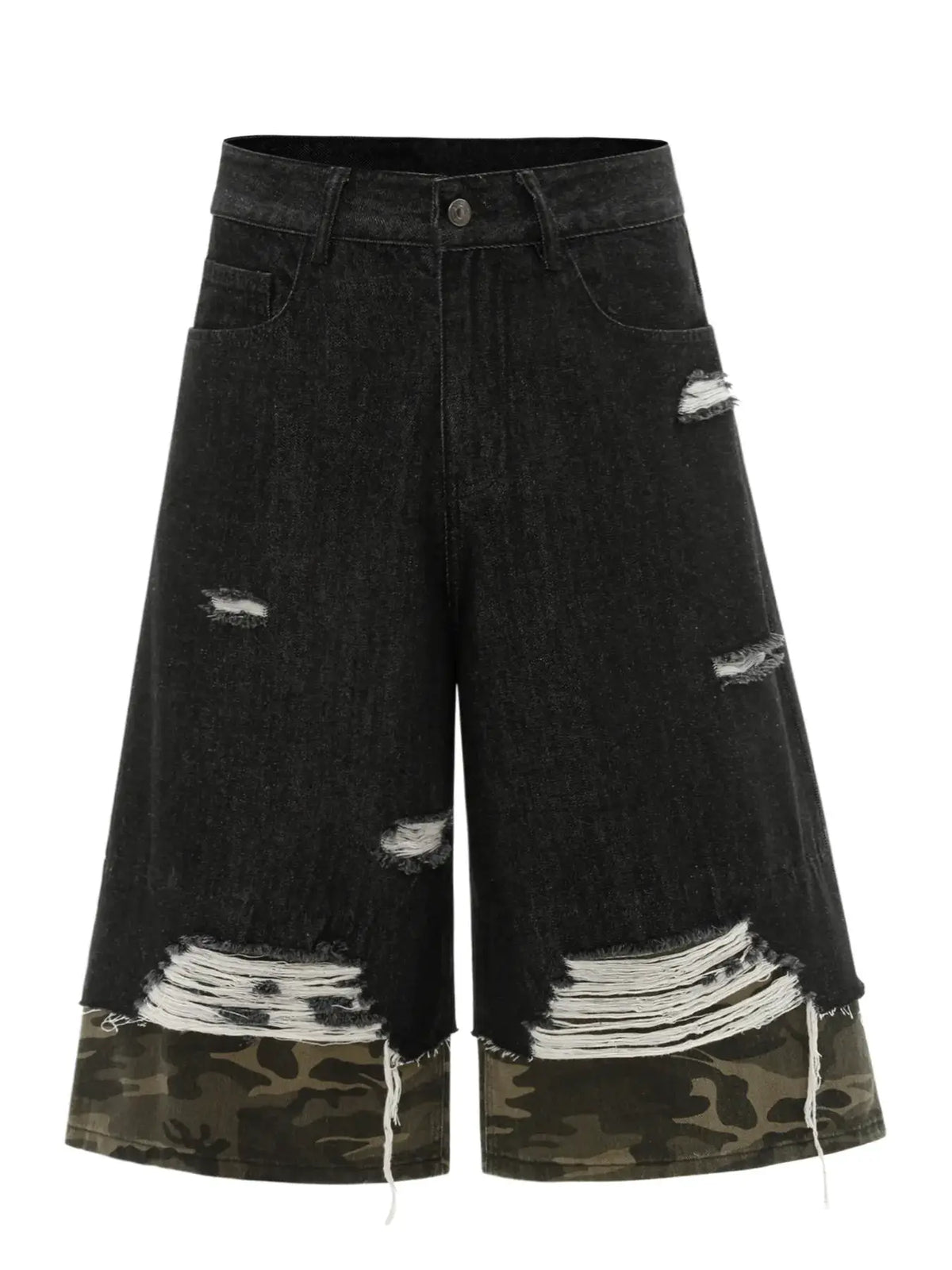 Mens Distressed black denim Bermuda shorts with camo trim and ripped detailing
